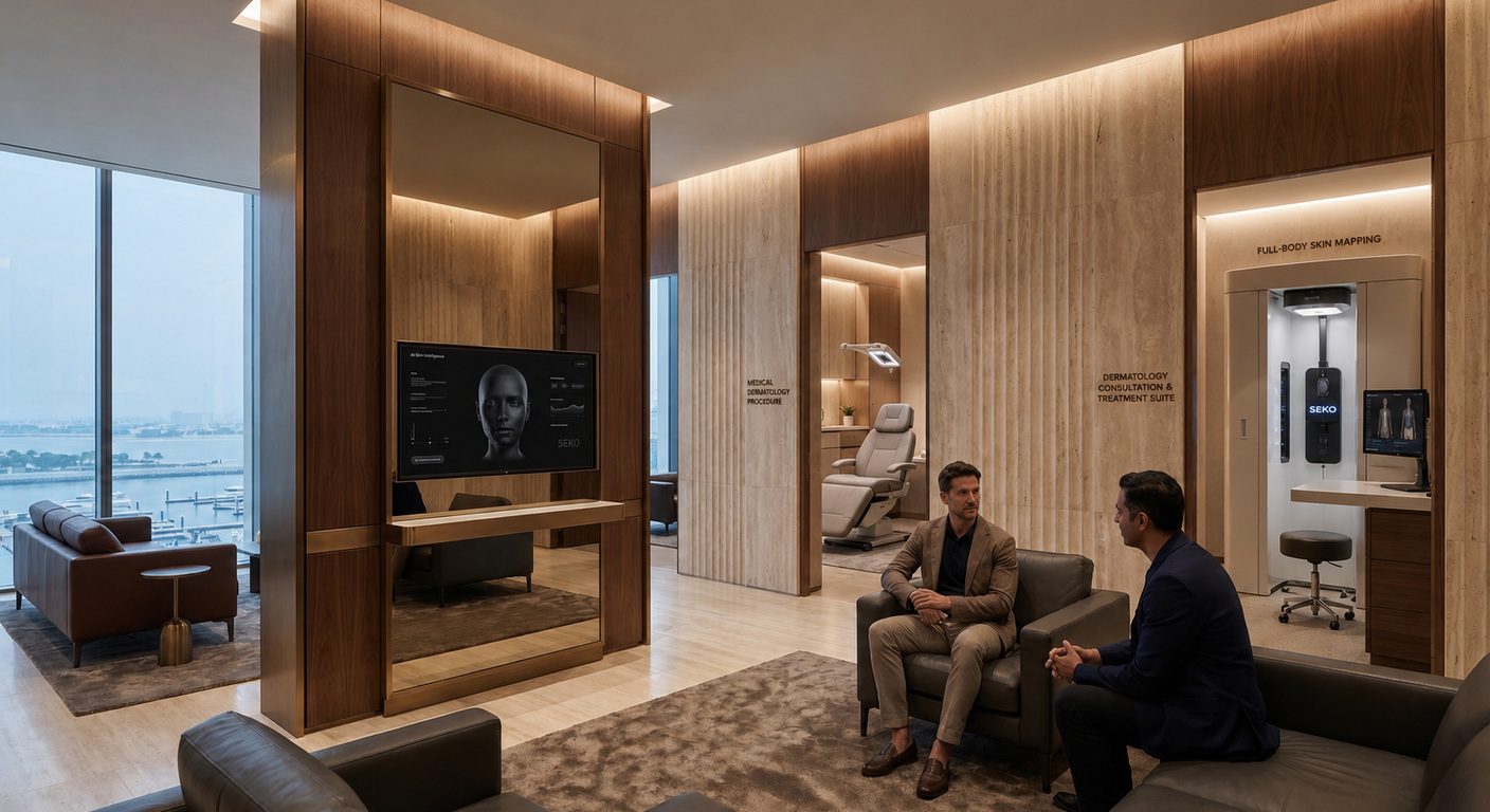 Dermatology suite with full-body skin mapping station and treatment room