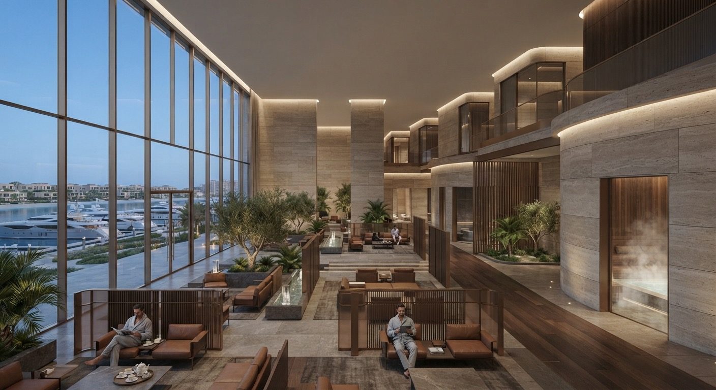 Recovery and longevity club with private seating pavilions, greenery and a steam room