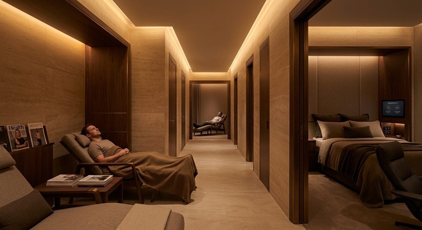 Hallway of private sleep suites and circadian recovery rooms