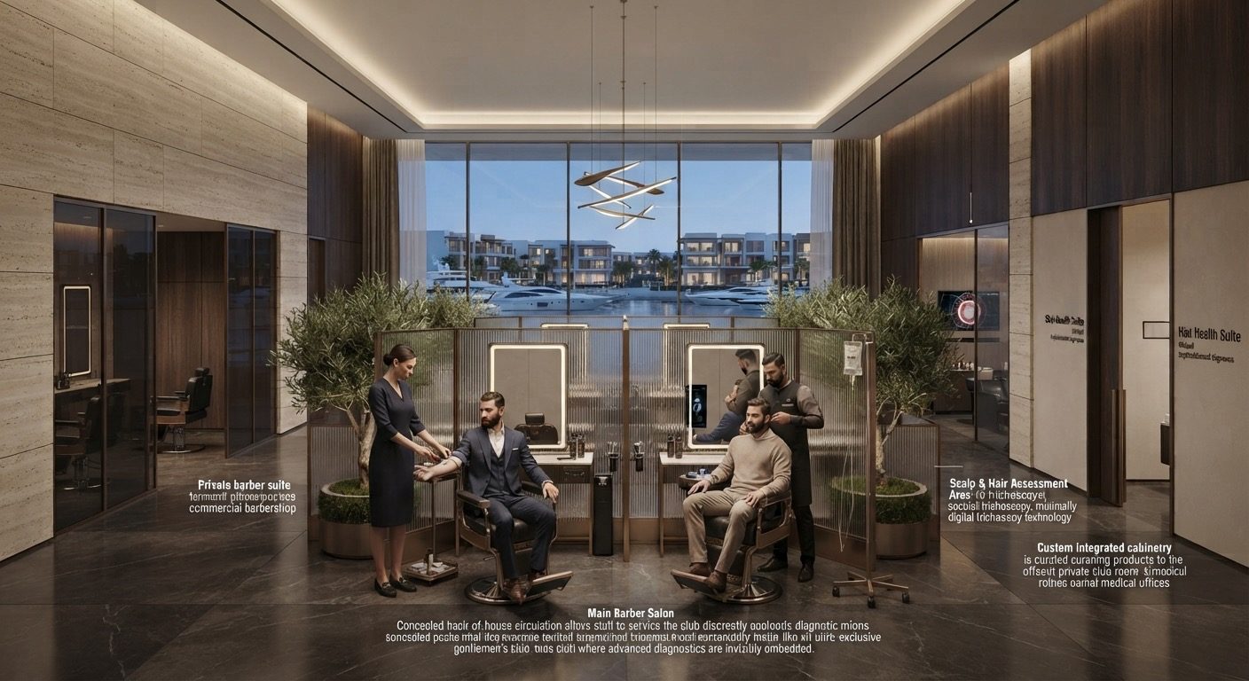 Luxury barber suite with integrated scalp diagnostics and IV therapy stations