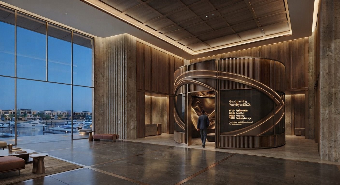 Circular wood-panelled AI welcome cocoon in a luxury lobby overlooking a marina