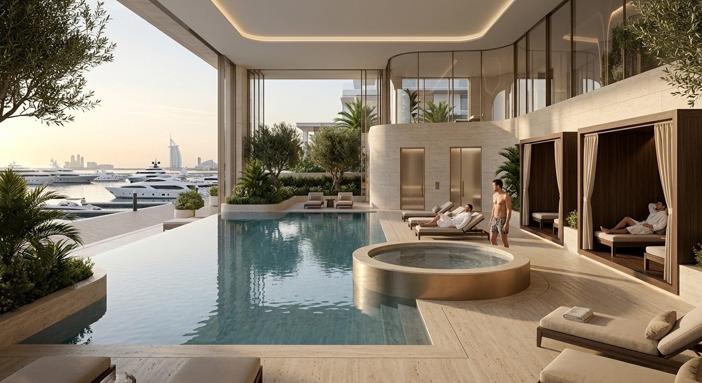 Luxury wellness pool and hydrothermal club overlooking a marina