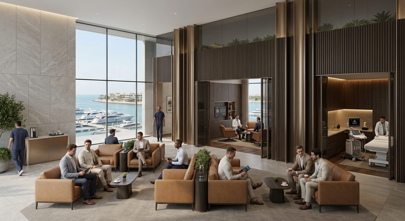 Cardiovascular medical lounge with examination room overlooking a marina
