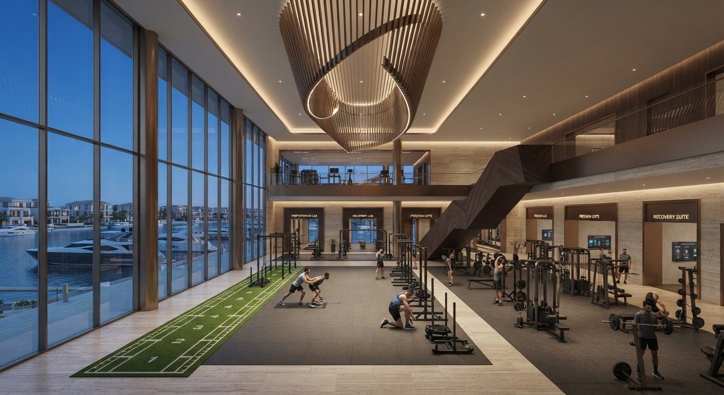 High-end gym atrium with floor-to-ceiling marina windows and a central staircase