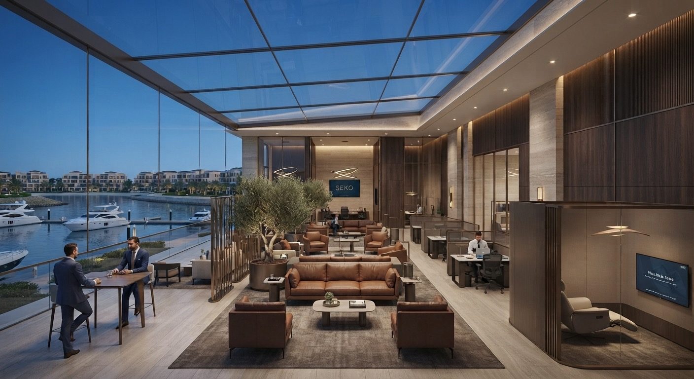 Glass-roofed executive business lounge with leather seating and private work pods