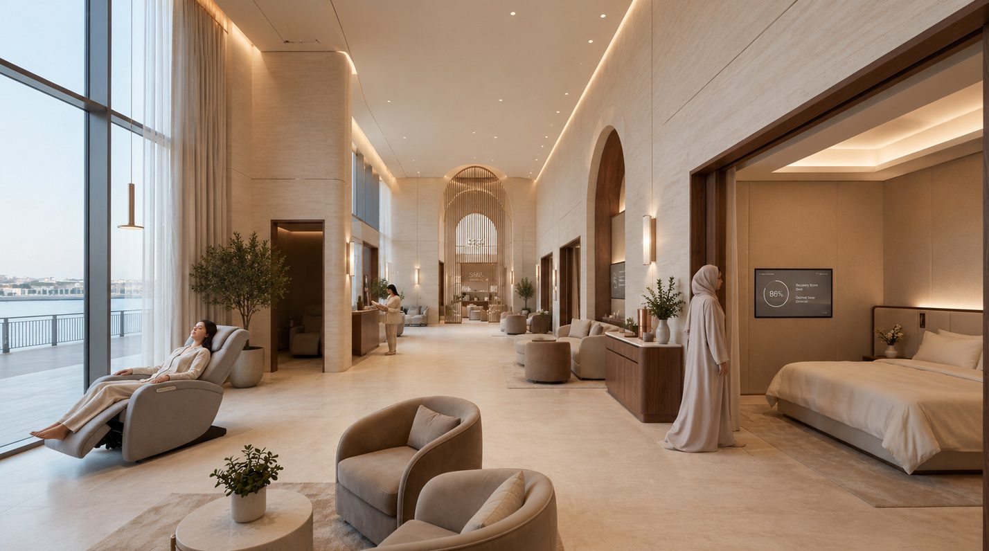 Recovery lounge with recliners by the waterfront and a private sleep suite