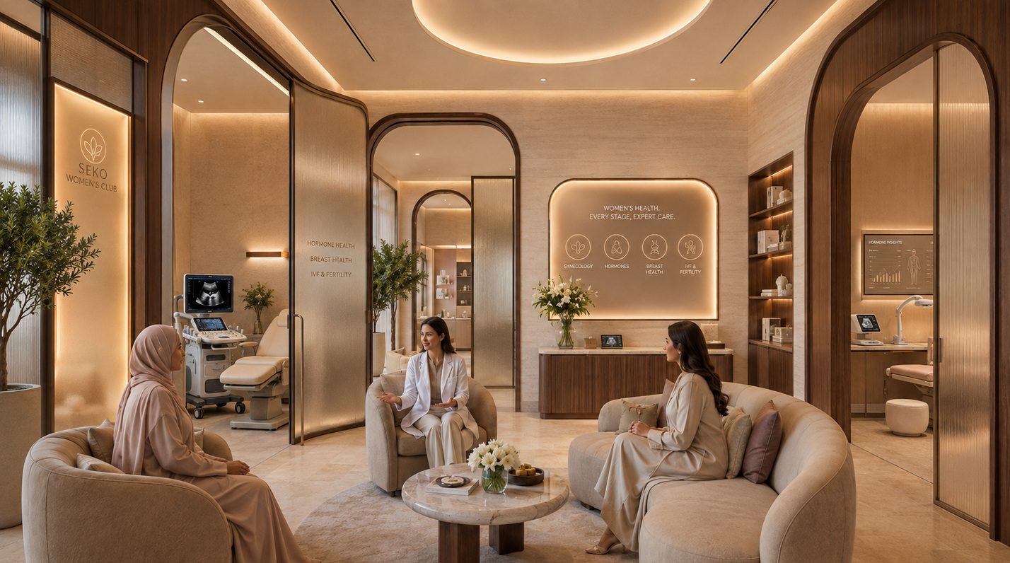 Lounge-like women's health suite with private consultation and diagnostics