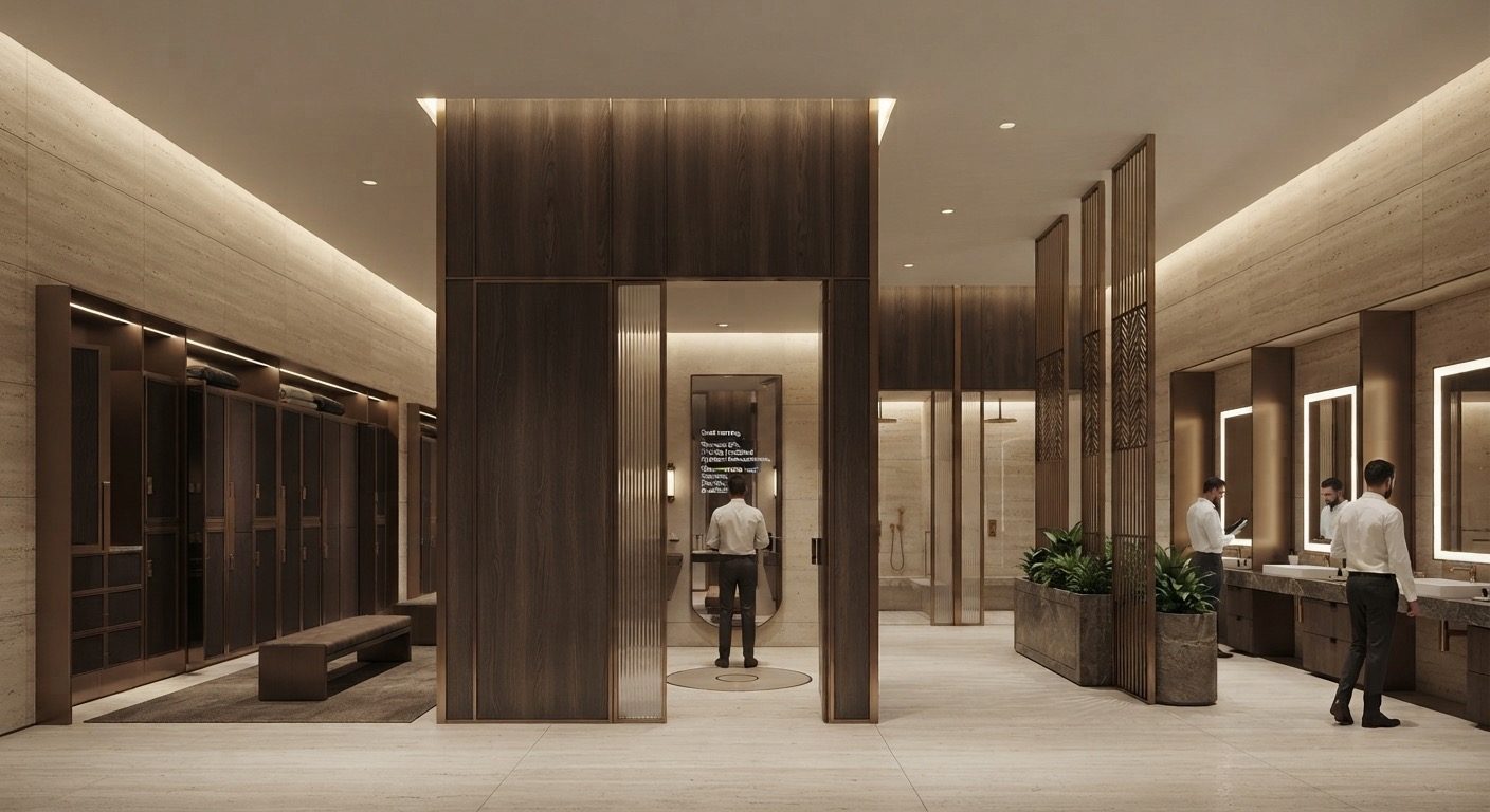 Luxury changing room with dark wood lockers, private showers and AI health mirrors