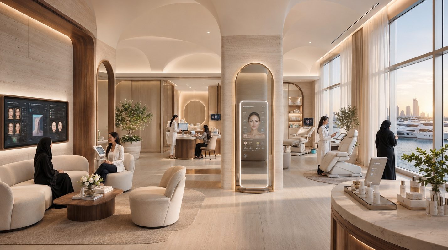 Women-only skin health clinic with AI skin mapping station and marina view