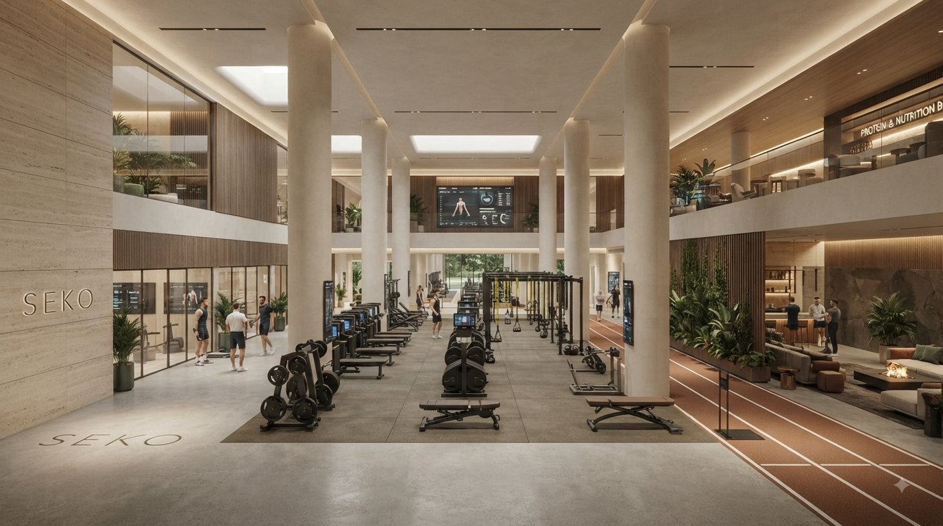 Seko Men — double-height performance floor with recovery track and nutrition bar