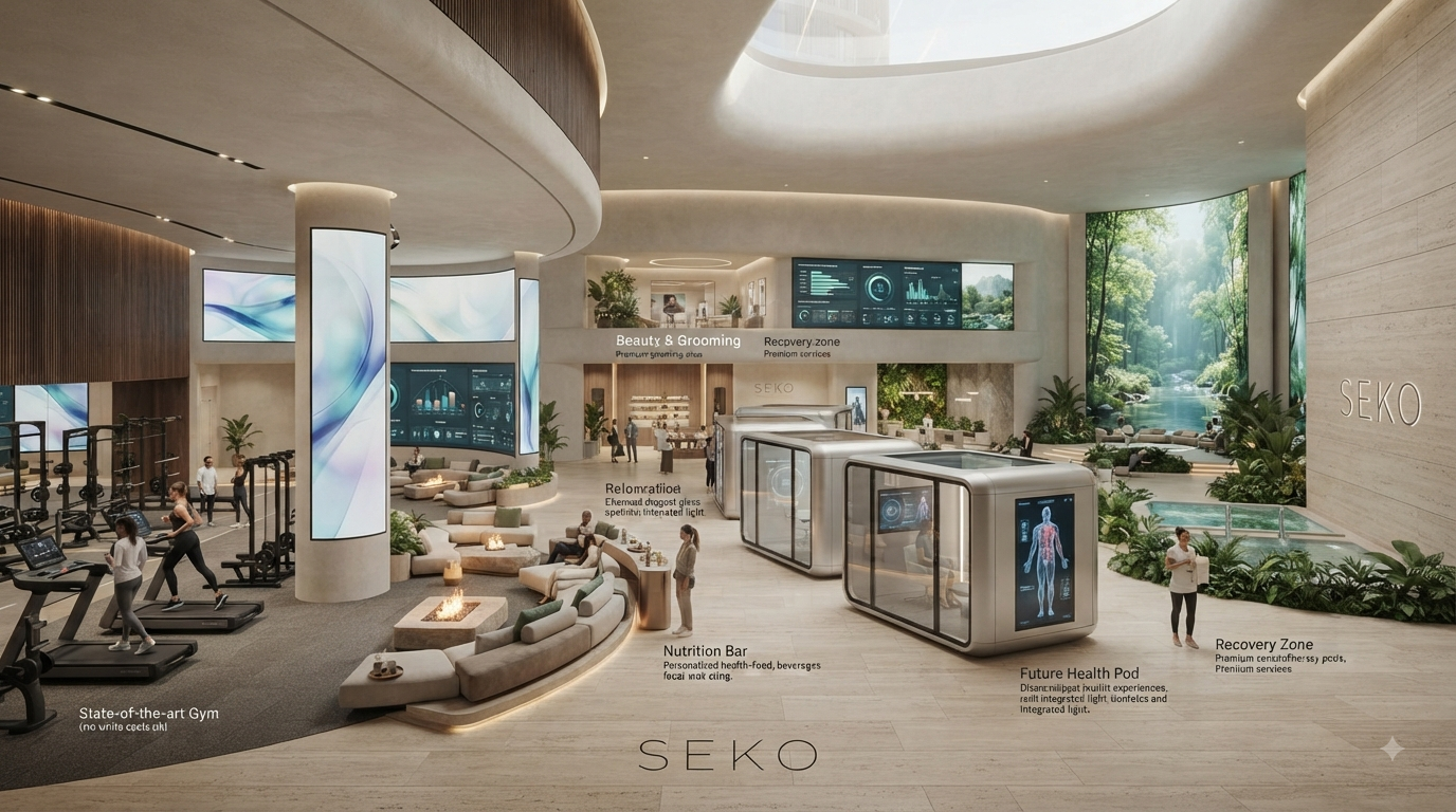 Seko Health Gallery — central atrium with recovery pods, nutrition bar and grooming suites