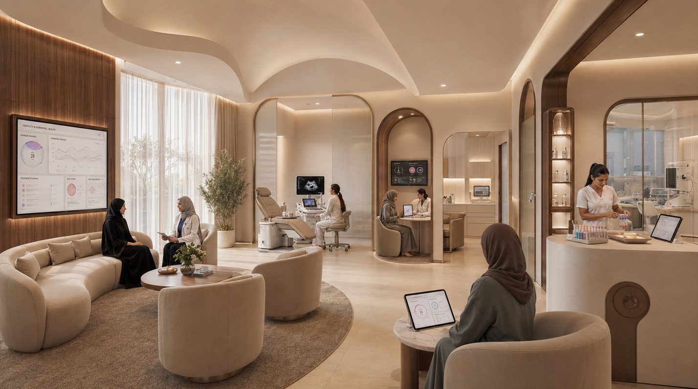 Reproductive medicine suite with curved waiting lounge and consultation rooms