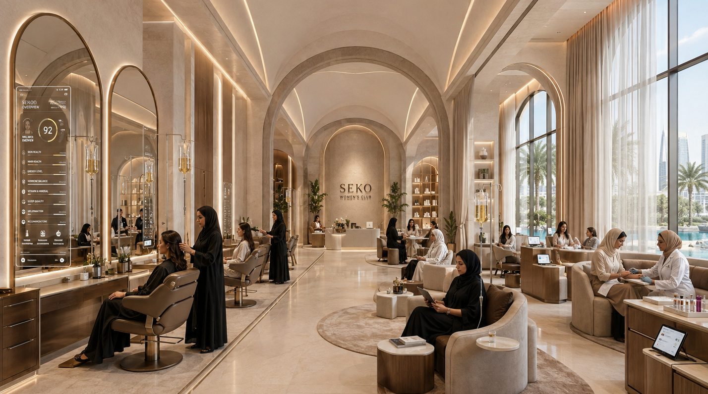 Luxury head spa with AI health mirrors and IV therapy stations