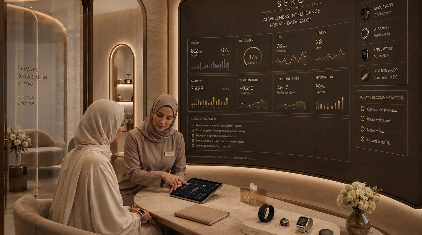 Private consultation salon with a wall display showing wearable health metrics