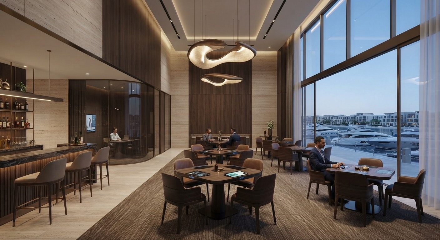 Upscale waterfront members' restaurant with bar and marina views