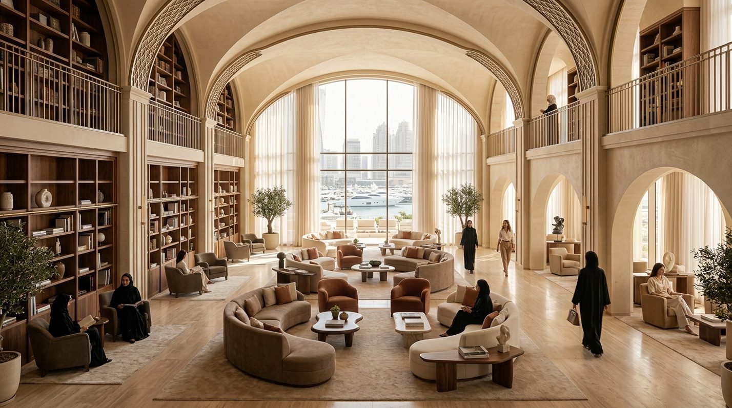 Multi-level library and social salon with arched ceilings and waterfront views