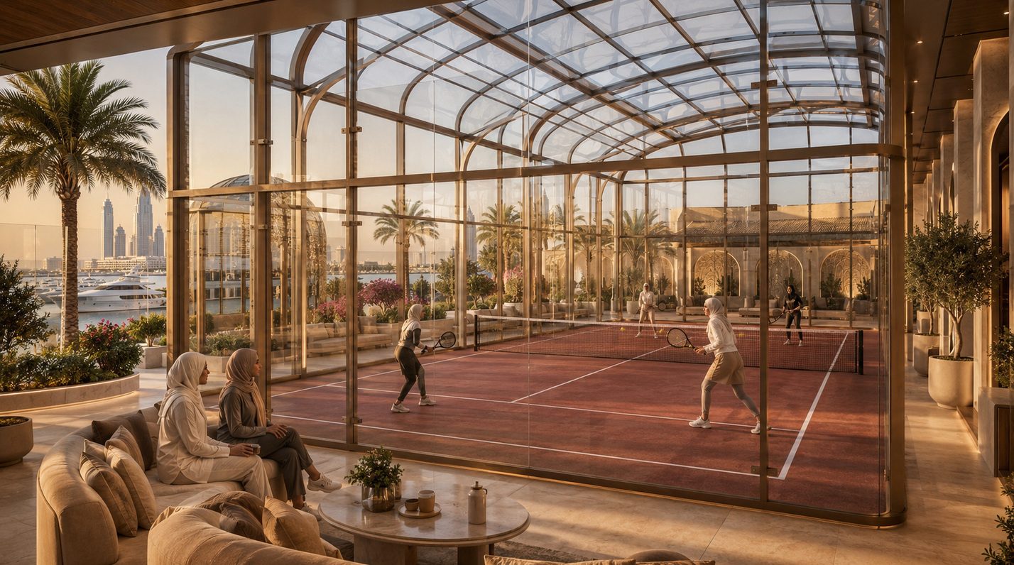 Enclosed glass padel pavilion with women playing and a lounge seating area