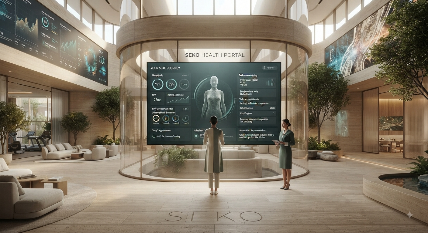SEKO Health Portal — a member reviewing their longitudinal health dashboard in the club atrium