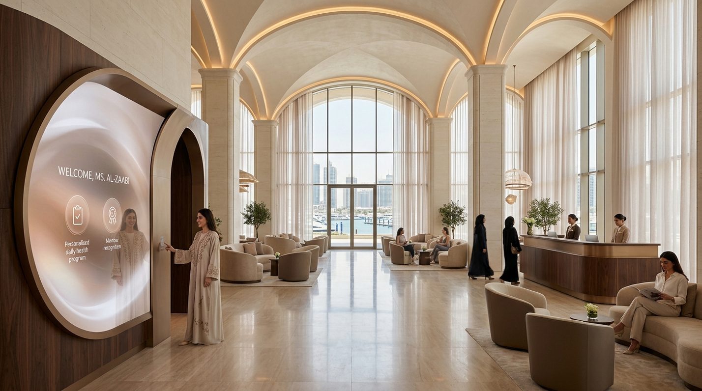 Women-only arrival hall with a circular AI welcome display and waterfront windows
