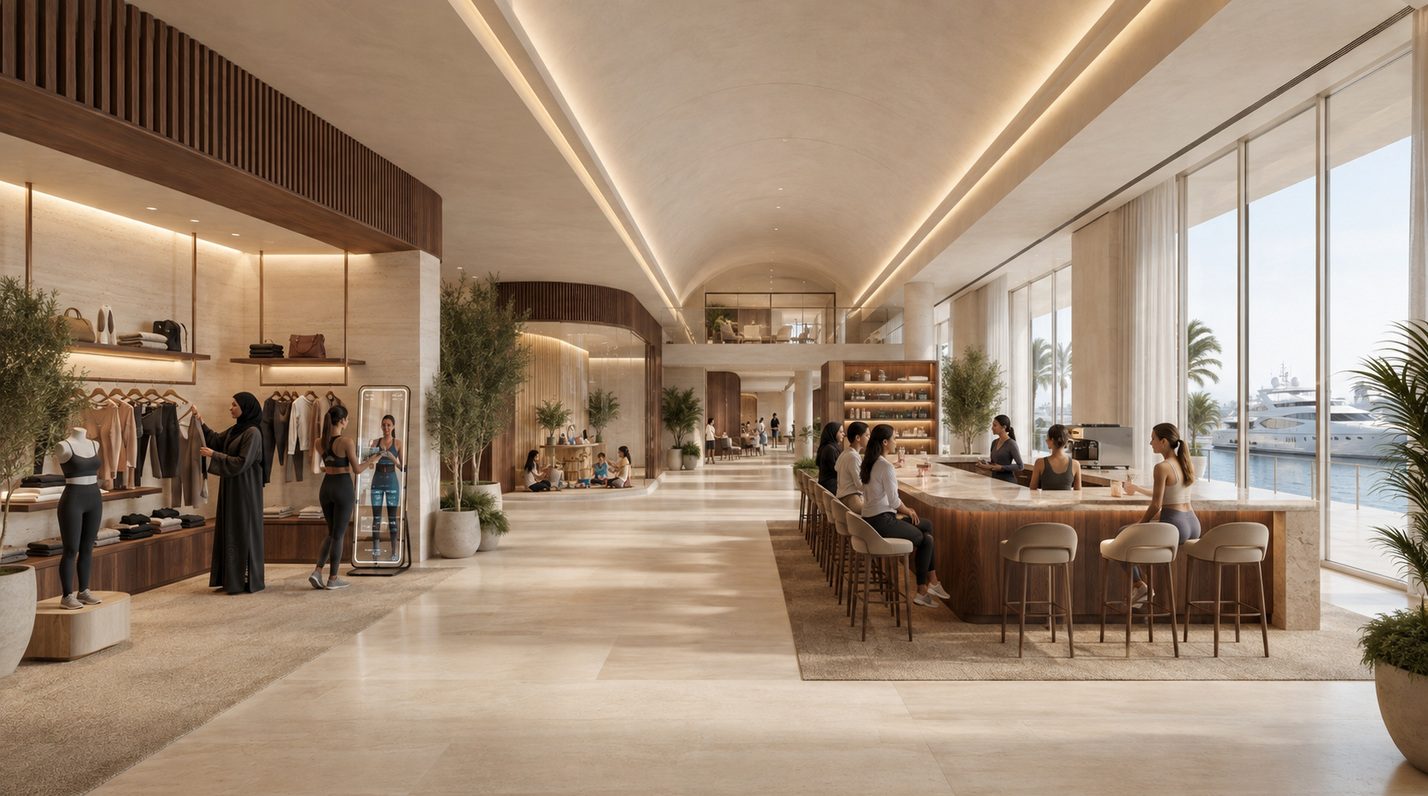 Lifestyle promenade with activewear retail, nutrition bar and a kids club area