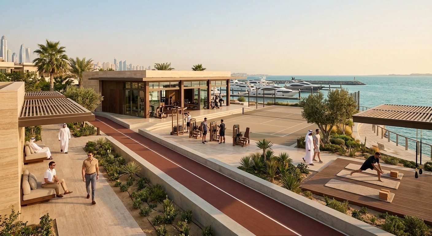 Outdoor waterfront running track, tennis court and outdoor strength equipment