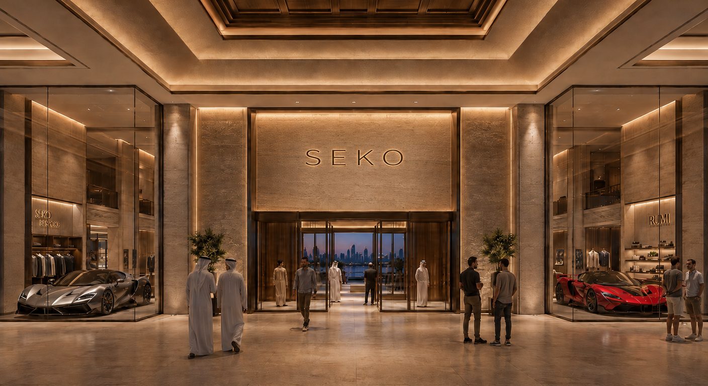 Grand entrance hall with glass-walled galleries displaying hypercars and bespoke retail