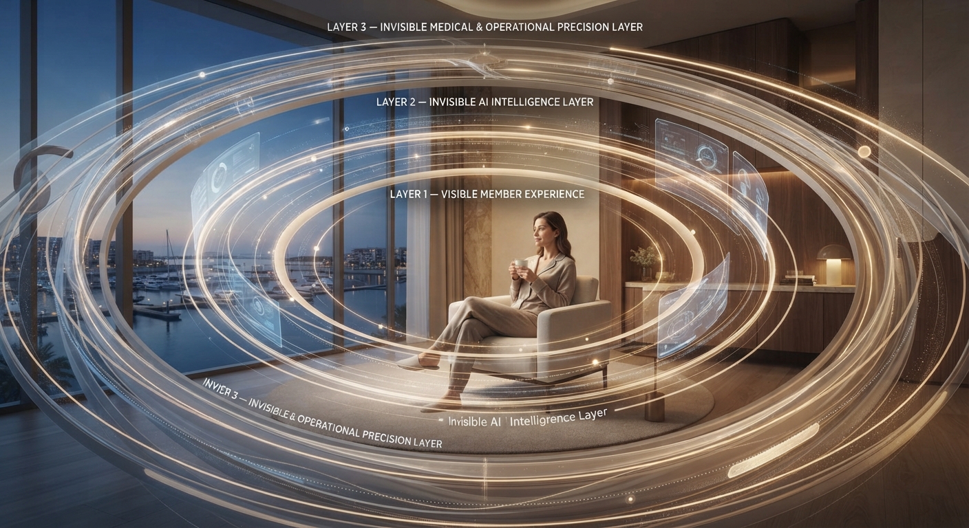 Concept visual: a member in a waterfront lounge surrounded by three concentric layers — visible member experience, invisible intelligence, and invisible clinical precision