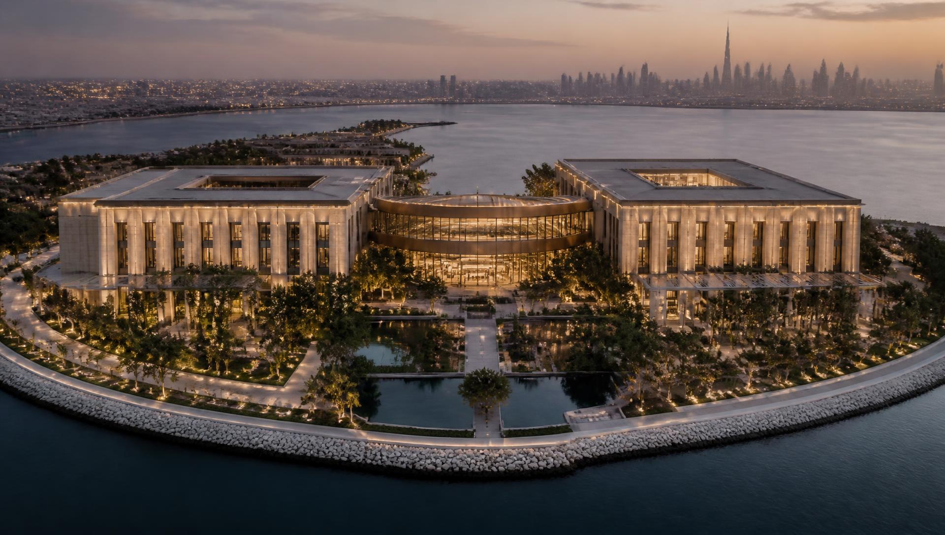 Architectural vision of the SEKO Health Peninsula in Dubai at dusk